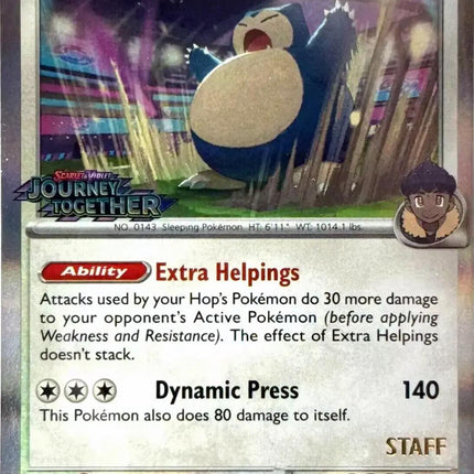Hop's Snorlax (184) (Prerelease Staff) [Scarlet & Violet: Black Star Promos]