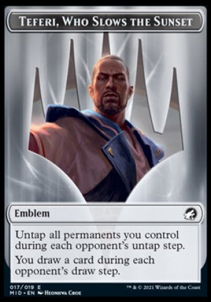 Clue // Teferi, Who Slows the Sunset Emblem Double-Sided Token [Innistrad: Midnight Hunt Tokens]